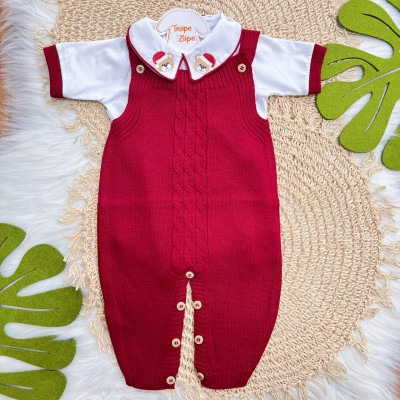 Conjunto Jardineira de Linha e Body Ursinho de Natal - Vermelho